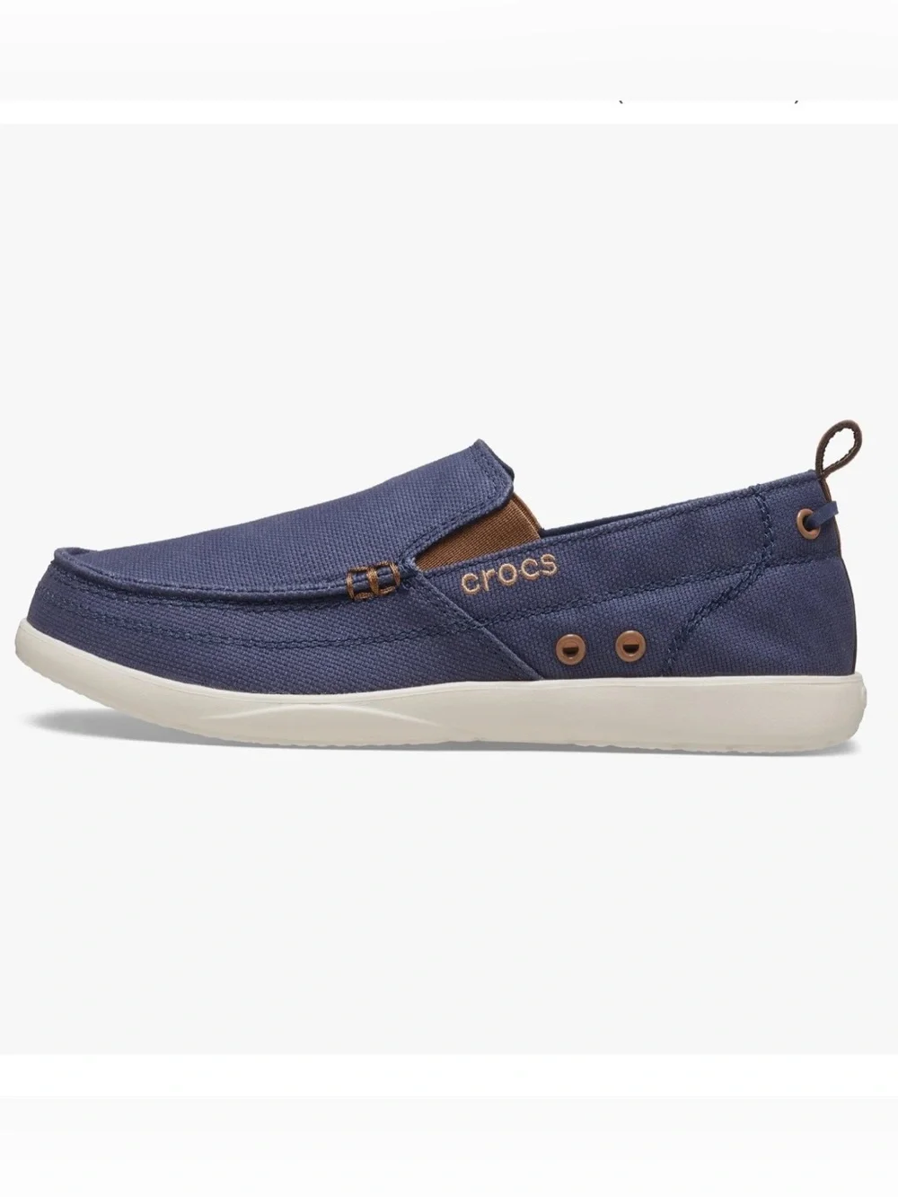 CROCS Men’s Walu Navy and Brown Canvas Slip-On Loafer - Picture 1 of 8